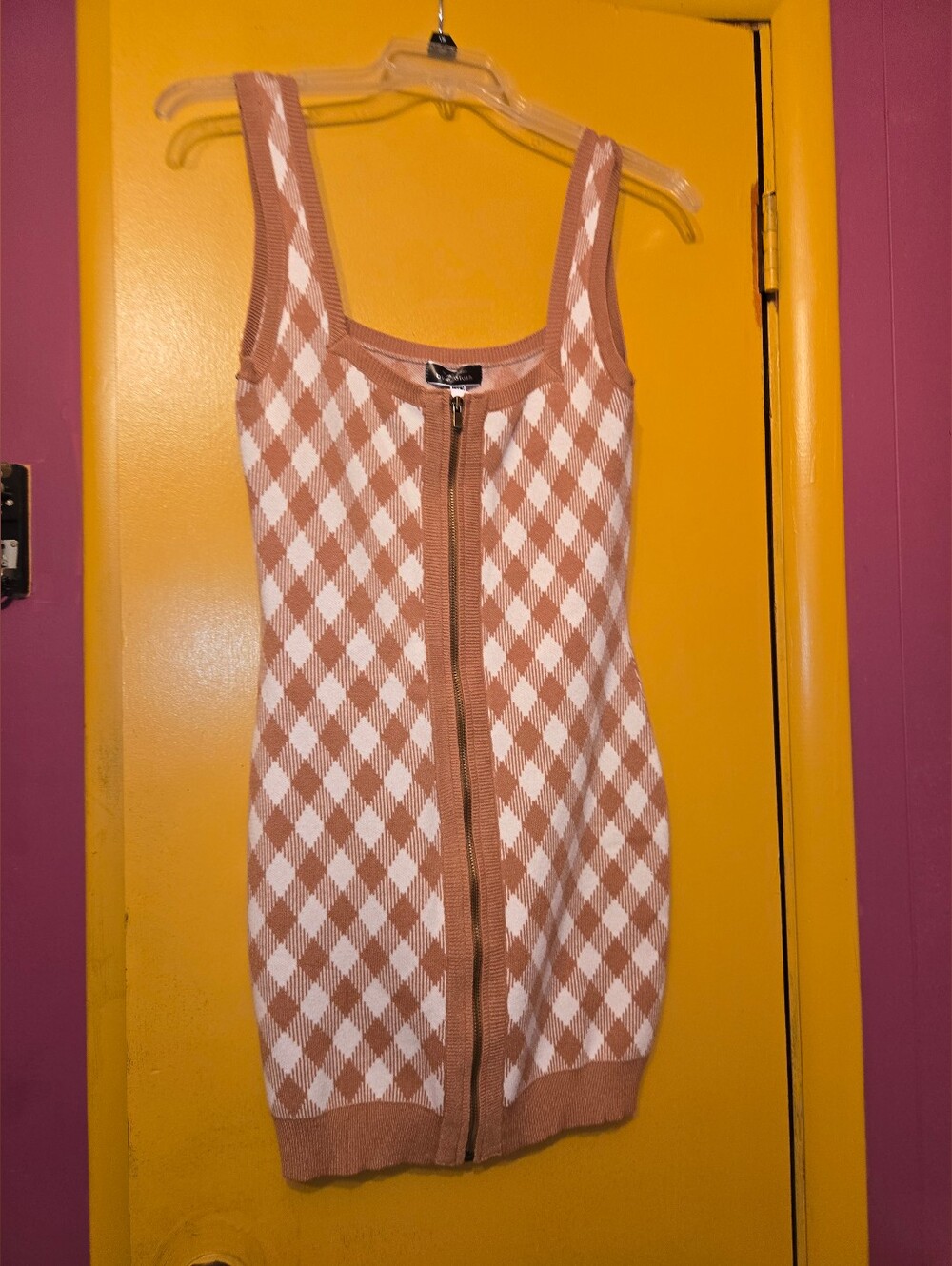 Blue Blush Tan and White Argyle Zip-Front Tank Mini Dress